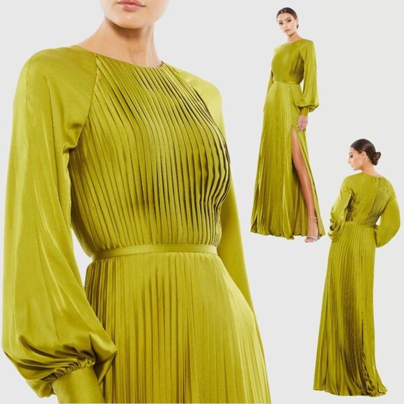 Mac Duggal Size 10 Chartreuse Green Pleated Long Blouson Sleeve Maxi Dress Gown - Picture 1 of 10